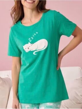 3x Cute Sleeping Cat Tee for Women - Green pj top
